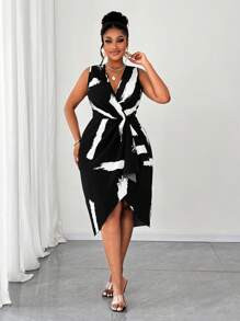 Maweii Plus Size Fashion Printed Sleeveless V-Neck Dress | SHEIN