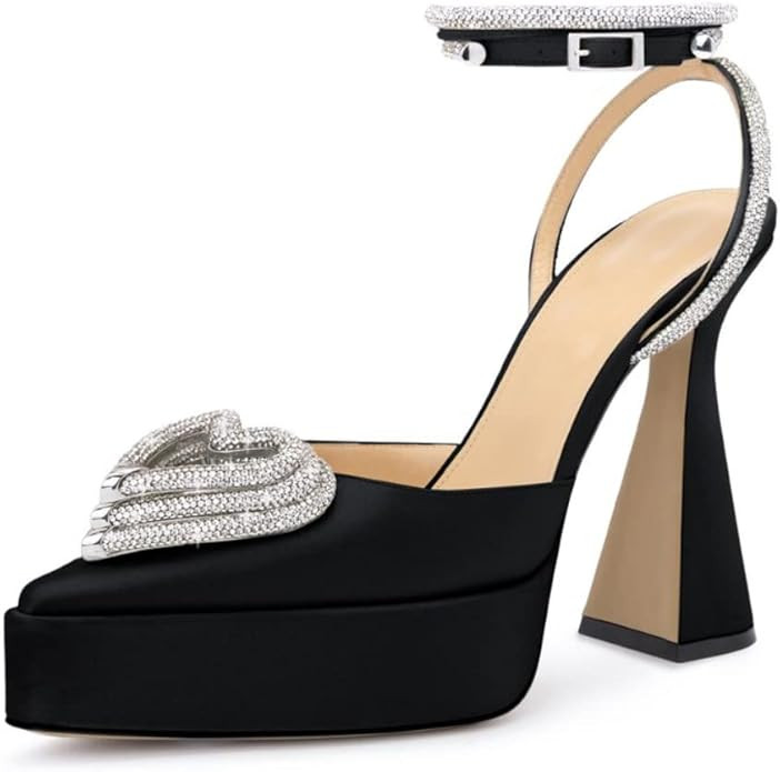 Vertundy Women's Platform Rhinestone Pumps - Ankle Strap Closed Pointed Toe Chunky Heel Satin Tri... | Amazon (US)