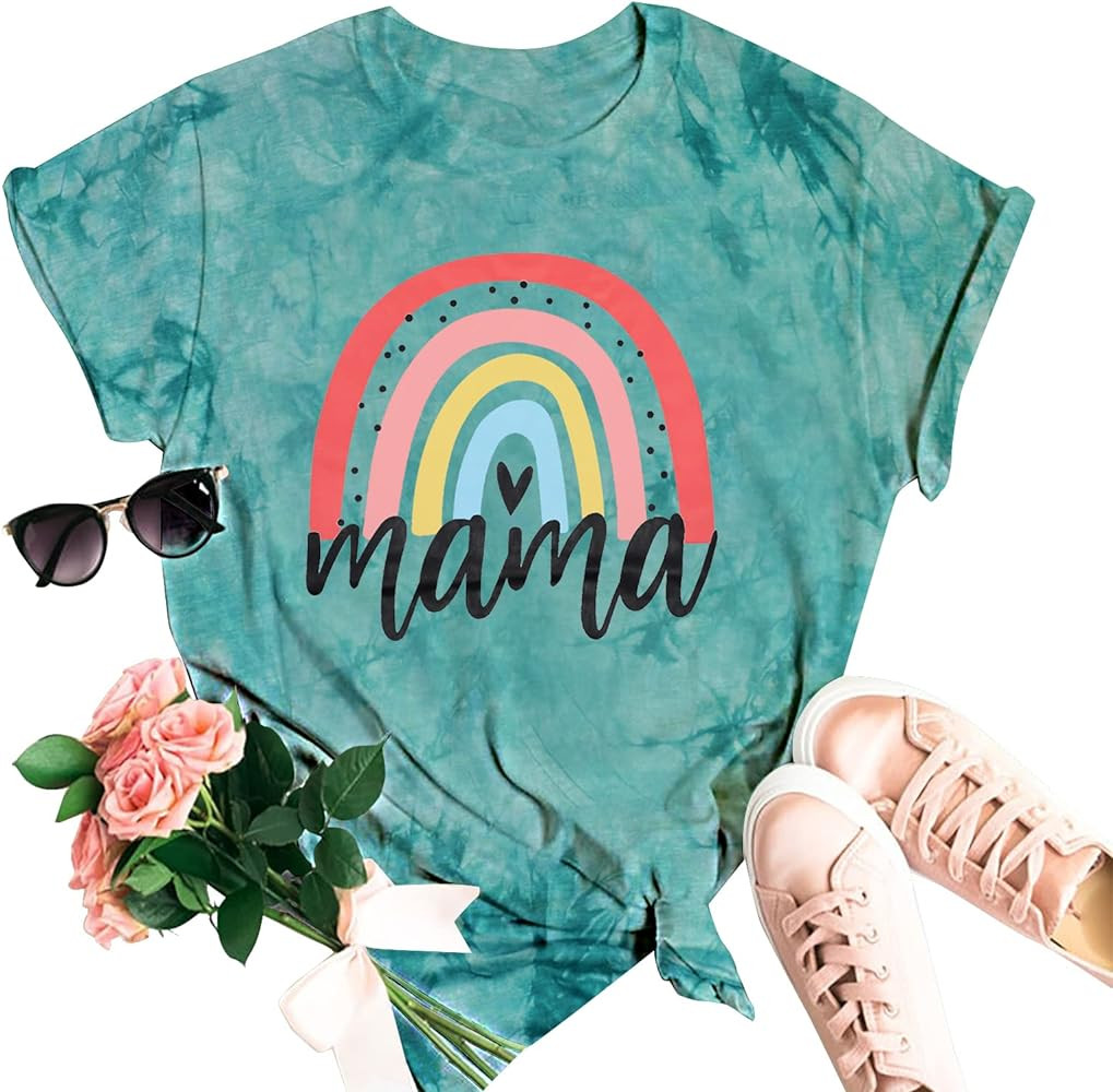 Mama Shirt Women Rainbow Mom Graphic Tshirts Short Sleeve Shirts Casual Bleached Tie Dye Tee Tops | Amazon (US)