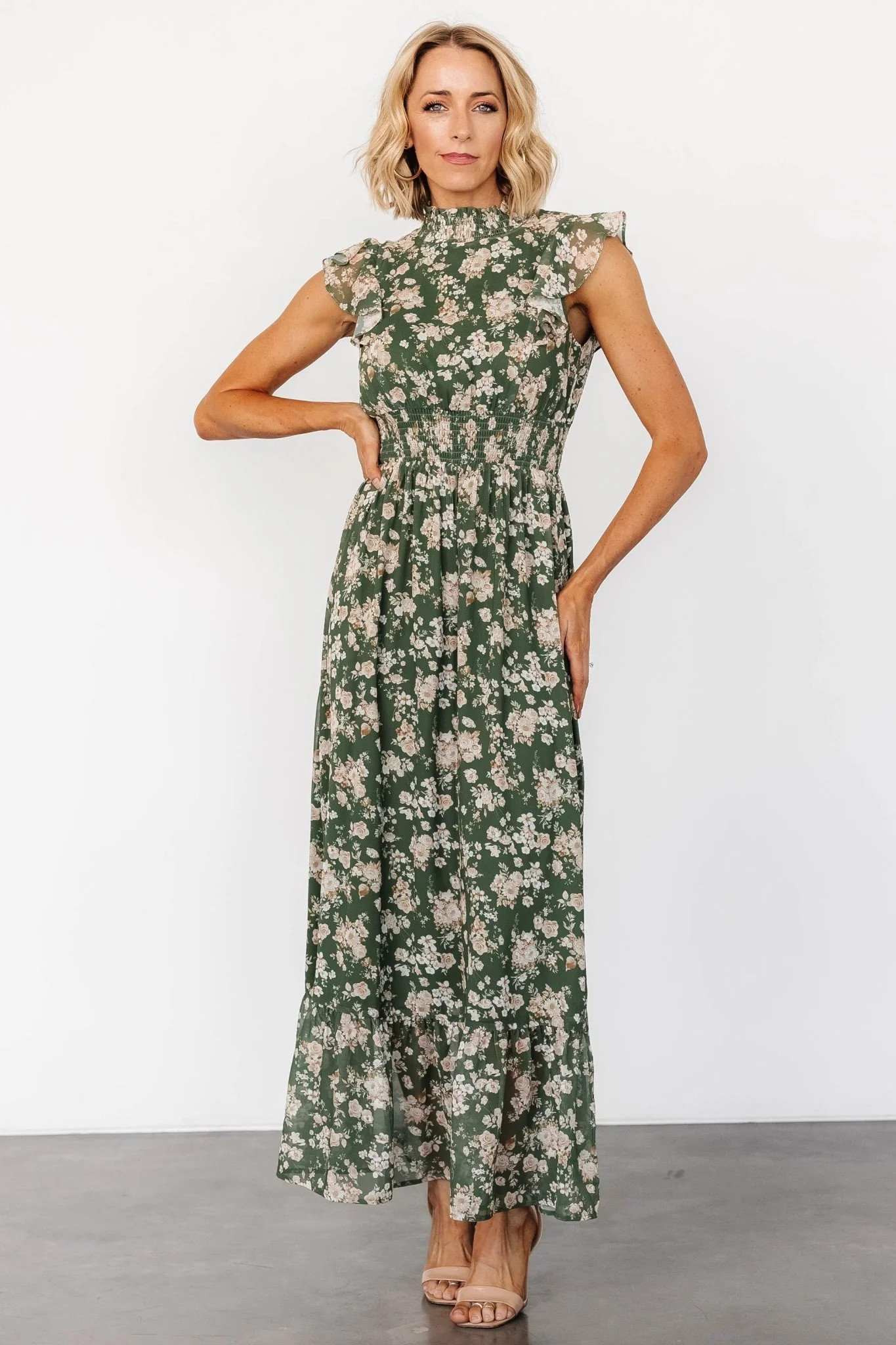 Kearny Ruffle Maxi Dress | Olive Floral | Baltic Born