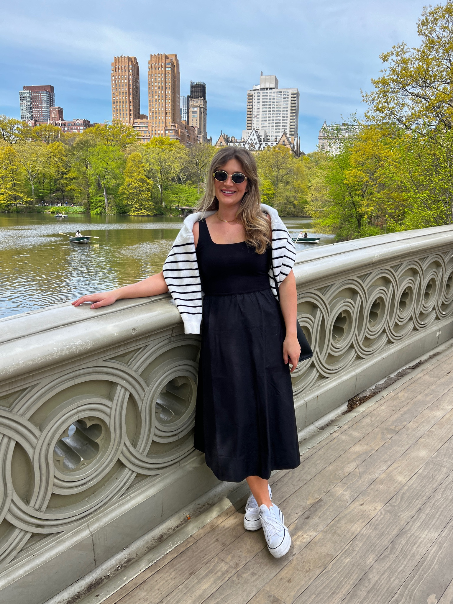Spring outfit for a day in NYC! The most amazing black midi dress. In a medium. Code AUDREY20 for 20% off my dress + bucket bag. 

#LTKstyletip #LTKitbag #LTKfindsunder100
