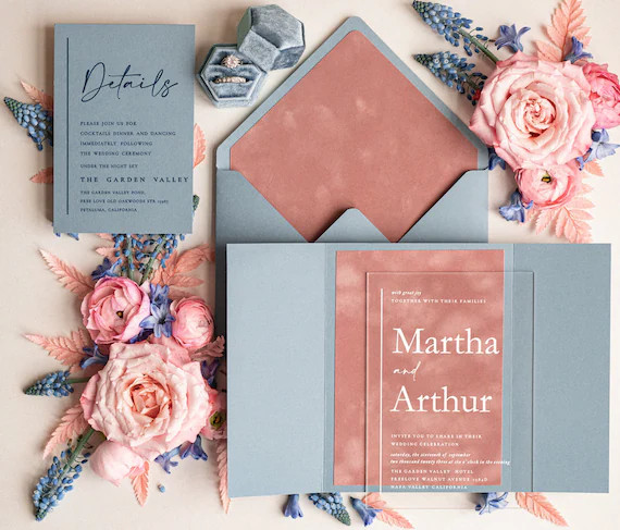 Modern Acrylic Dusty Blue Wedding Invitations Luxury Velvet - Etsy | Etsy (US)