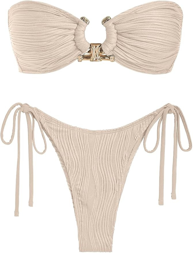 ZAFUL Metal Ring Bandeau Bikini Set Tie Side Bathing Suit High Cut 2 Piece Swimsuit Cutout Swimwe... | Amazon (US)