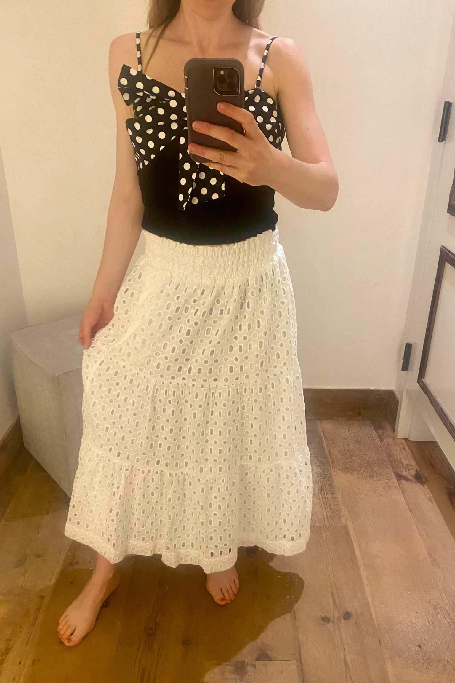 This summer outfit is cute! Size medium in top and size small in skirt. Could size down.

Anthropologie outfit, summer date night outfit, polka top top, white midi skirt, white skirt with pockets, white eyelet skirt 

#LTKU #LTKFind #LTKxAnthro