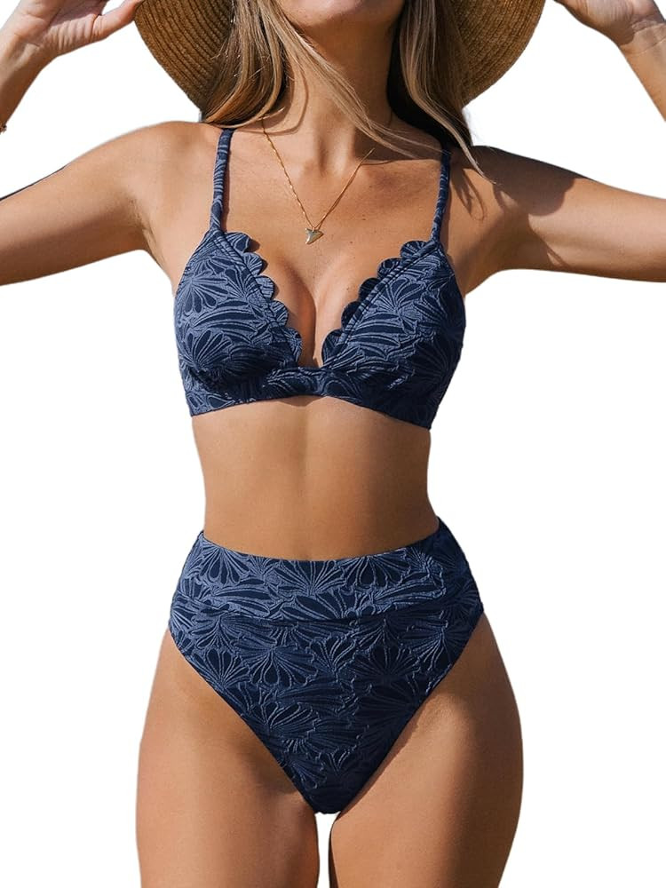 CUPSHE Bikini Set for Women Bathing Suit High Waisted Scalloped V Neck Two Pieces Swimsuit | Amazon (US)