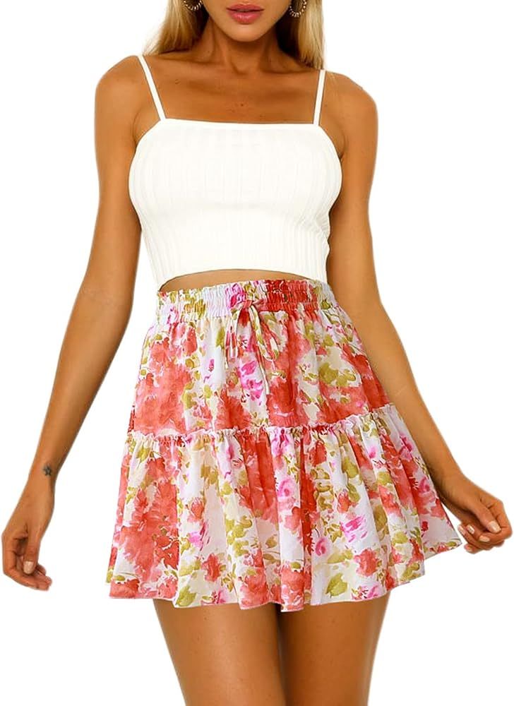 Hibluco Women' Floral Layered Ruffles Tie up High Waist Short Pleated Skirt | Amazon (US)