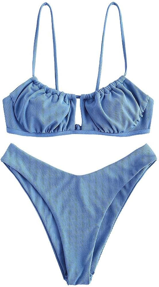 ZAFUL Womens Bikini Keyhole Tie Swimsuit Sexy High Cut String Ruched Spaghetti Strap Bathing Suits | Amazon (US)
