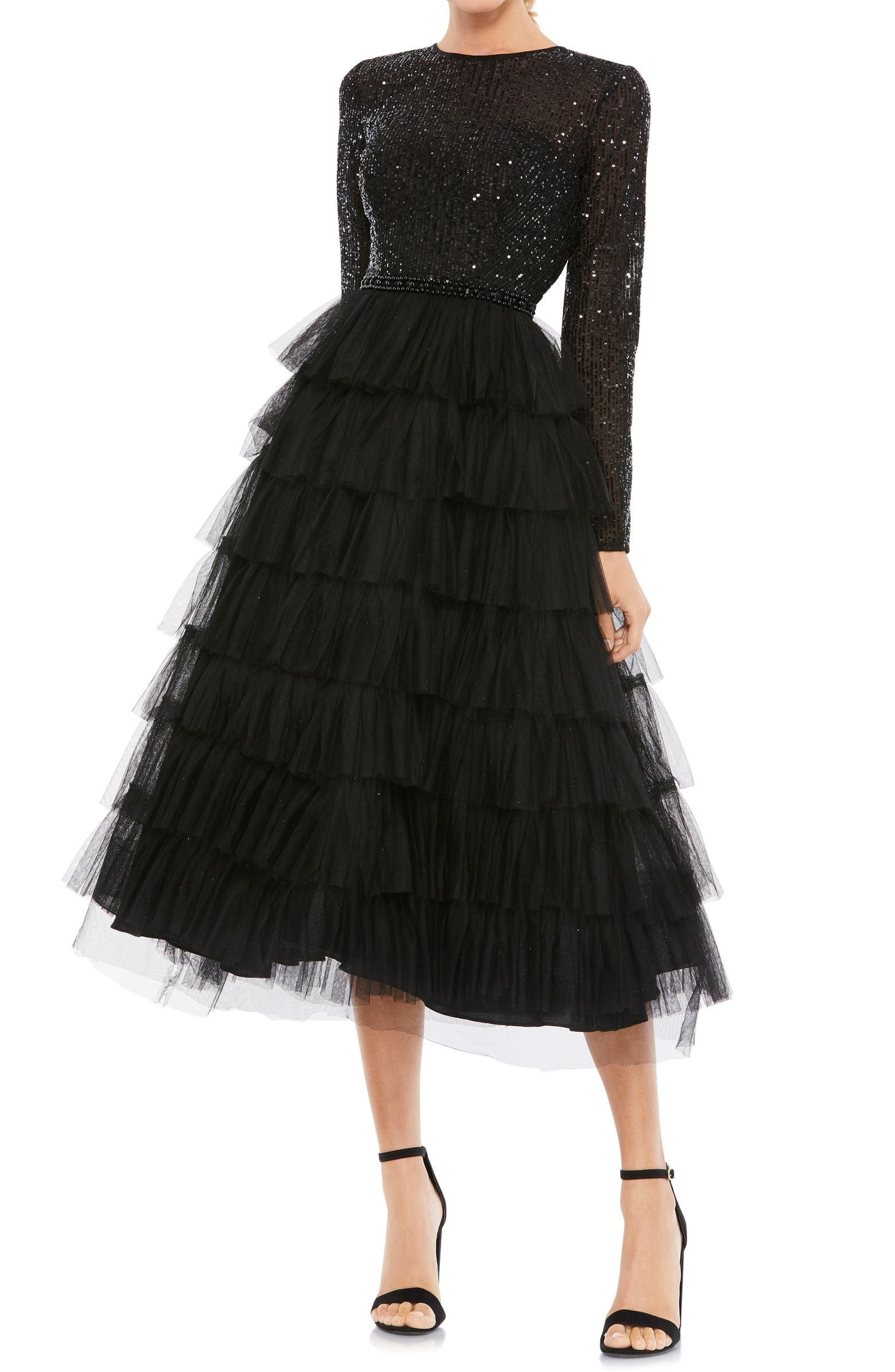 Sequin Tiered Long Sleeve Tulle Dress | Nordstrom