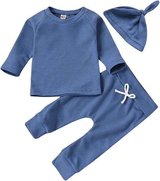 Newborn Baby Boys Girls Waffle Knit Cotton Homewear Outfit with Hat Long Sleeve Top+Pants Set | Amazon (US)