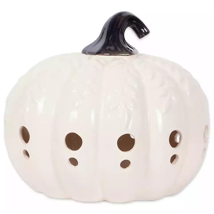 New!
											White Ceramic Leaf Pre-Lit Pumpkin Lantern | Kirkland's Home