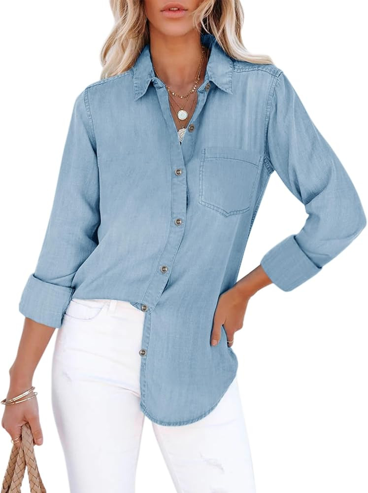 Women's Denim Button Down Shirt with Pockets Chambray Cotton Button Up Tunics Long Sleeve Solid H... | Amazon (US)