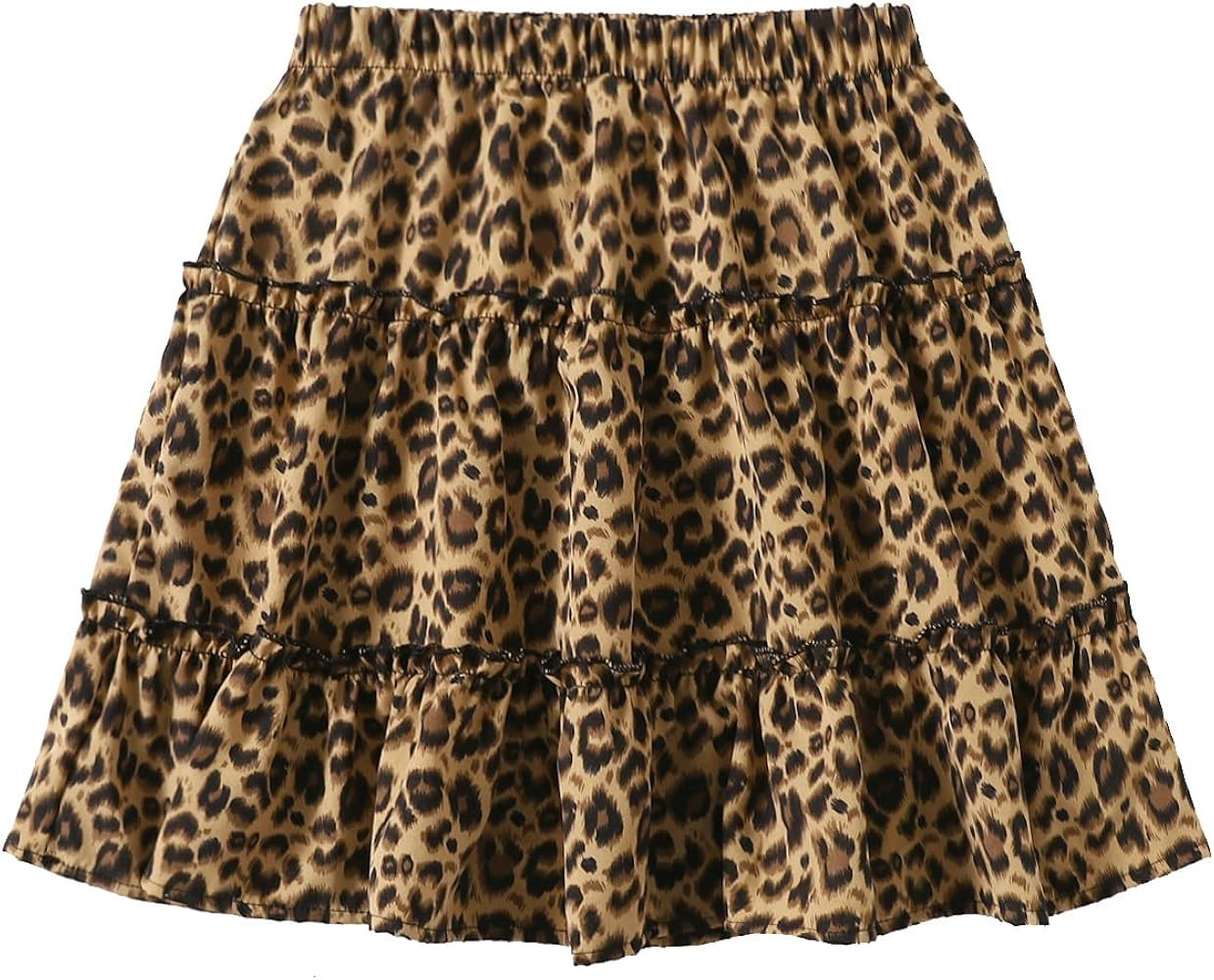 SheIn Women's Leopard Print Drawstring Waist Layer Ruffle Hem Short Skirt | Amazon (US)