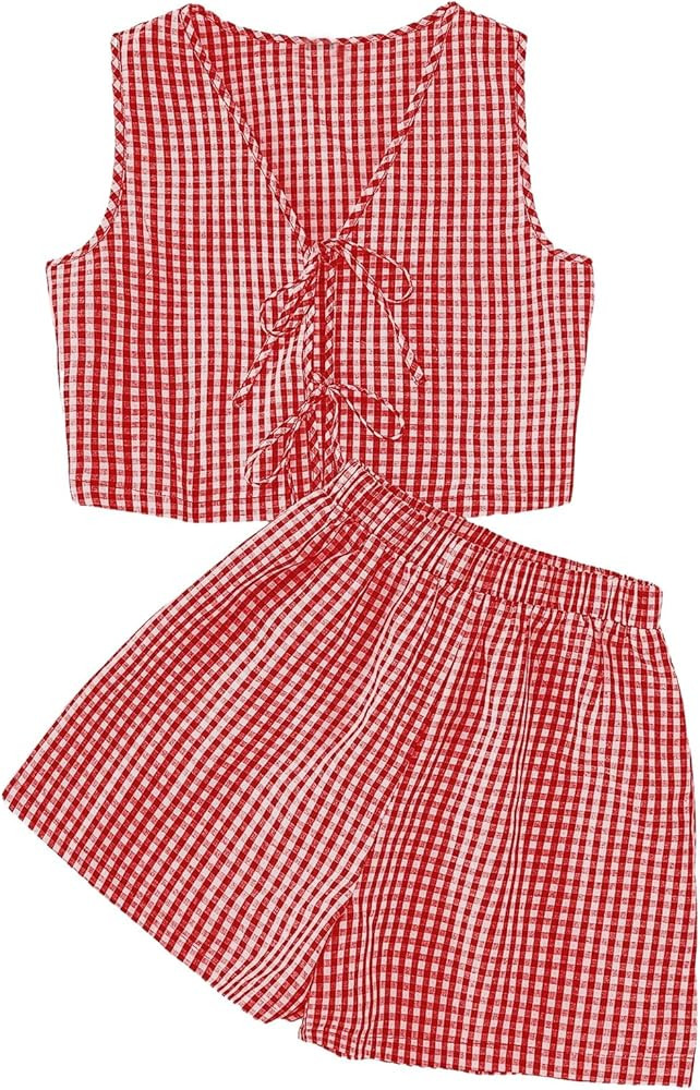 SOLY HUX Women's Summer 2 Piece Outfits Plaid Print Sleeveless Tie Front Tank Top Vest Shorts Bea... | Amazon (US)