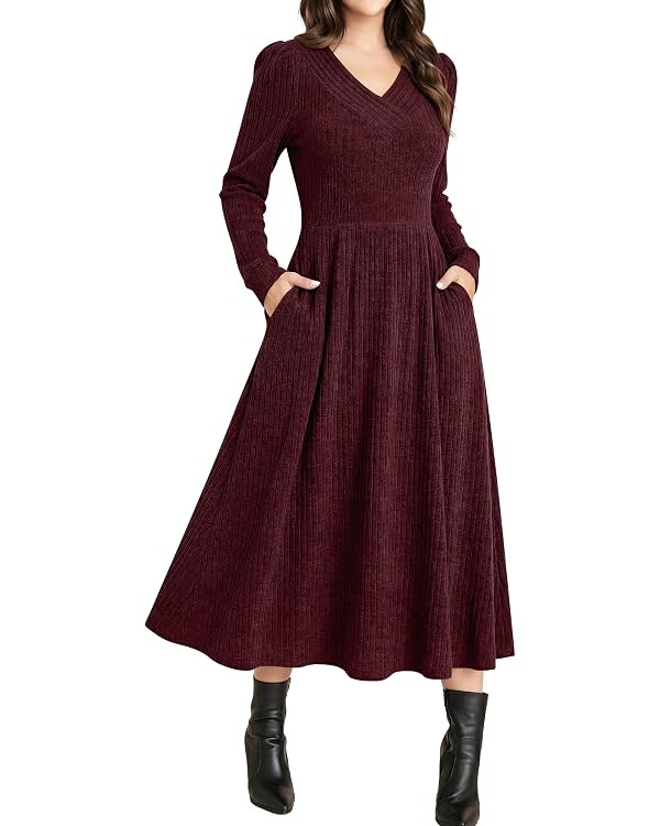 ANRABESS Womens Long Sleeve V Neck A Line Fall Midi Dress | Amazon (US)