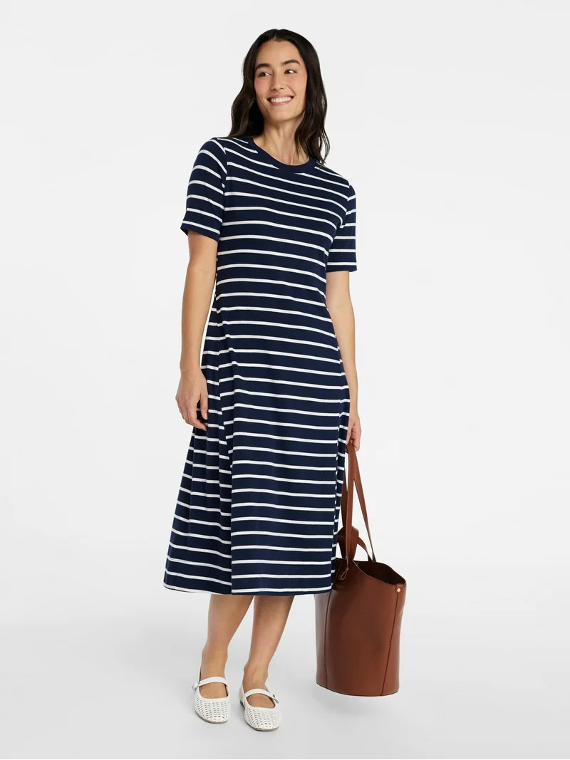 Time and Tru Women's Seamed Cotton Midi Dress, Sizes XS-XXXL | Walmart (US)
