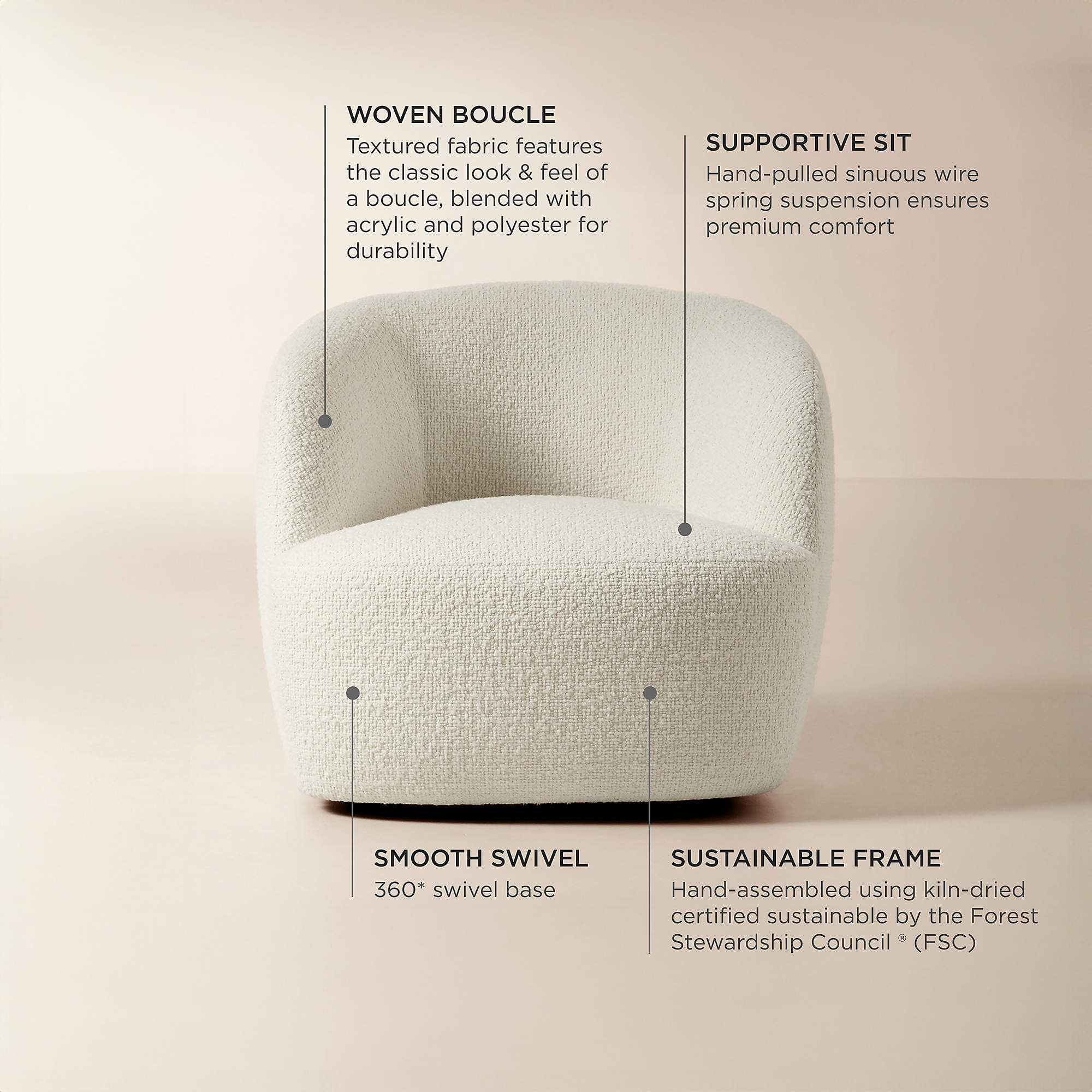 Gwyneth Ivory Boucle Swivel Chair by goop | CB2 | CB2