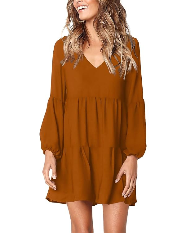 Amoretu Women Summer Tunic Dress V Neck Casual Loose Flowy Swing Shift Dresses | Amazon (US)