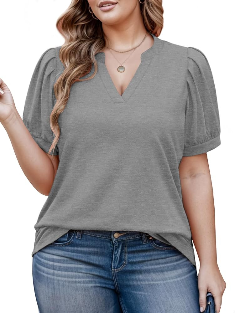 Womens Plus Size Tops Summer Puff Sleeve Shirts Casual Pleated Notched V Neck Tunics Tee XL-5XL | Amazon (US)