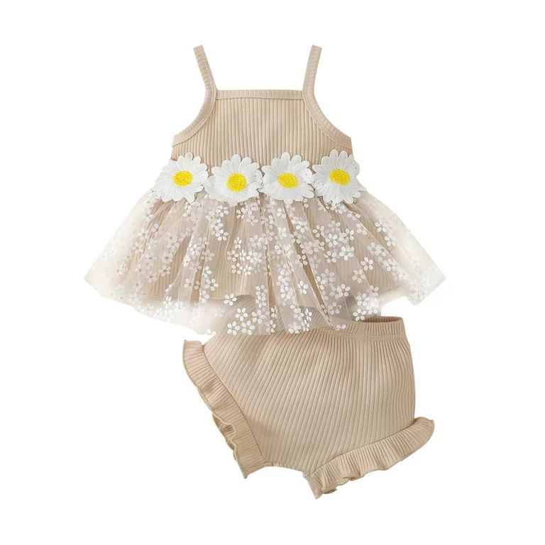 Baby Girls Summer Clothes Set Toddler Sleeveless Sling Daisy Tulle Camisole Tops + Ruffle Shorts ... | Walmart (US)