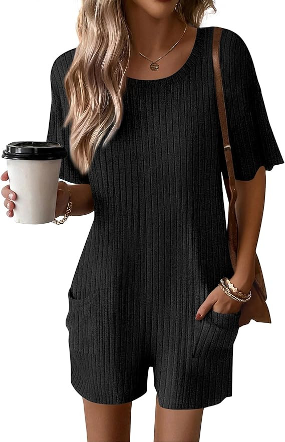 Ekouaer Rompers for Women Casual Ribbed Short Sleeve T-Shirt Tee Romper Summer Outfits with Pocke... | Amazon (US)