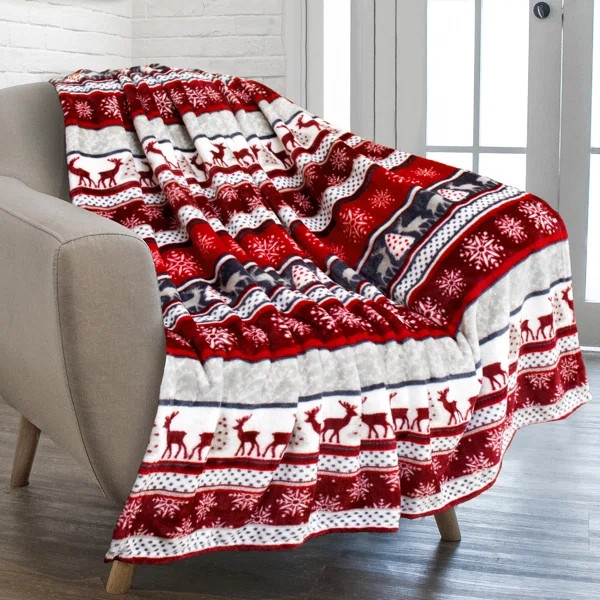 Savin Reindeer Poinsettia Flower Soft Plush Warm Winter Cabin Fleece Throw | Wayfair North America