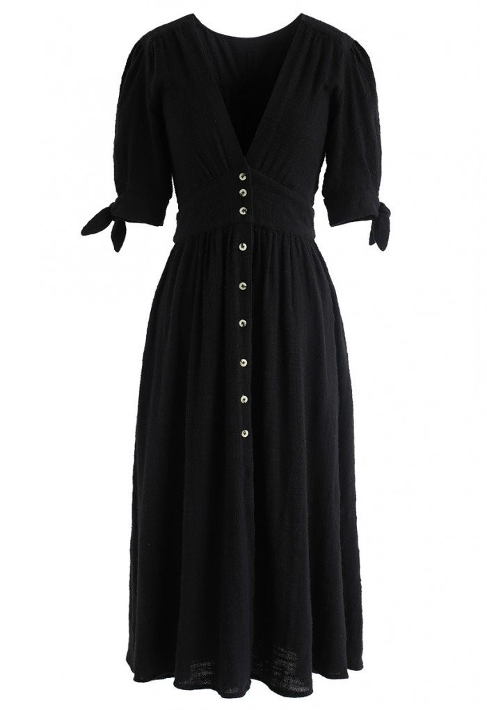 Summer Edition Button Down V-Neck Dress in Black | Chicwish