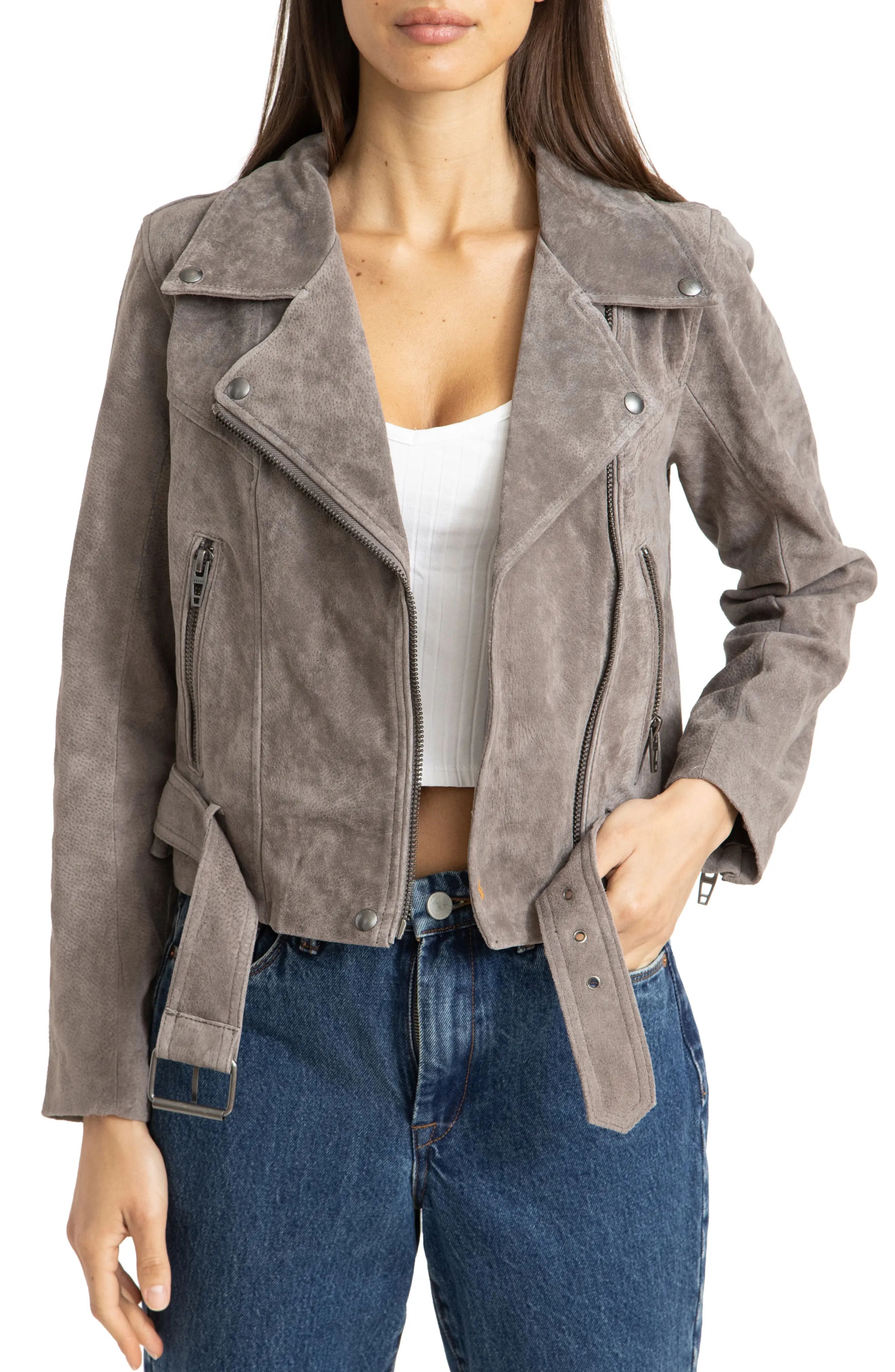 BLANKNYC Suede Moto Jacket, Size Large in High Altitude at Nordstrom | Nordstrom