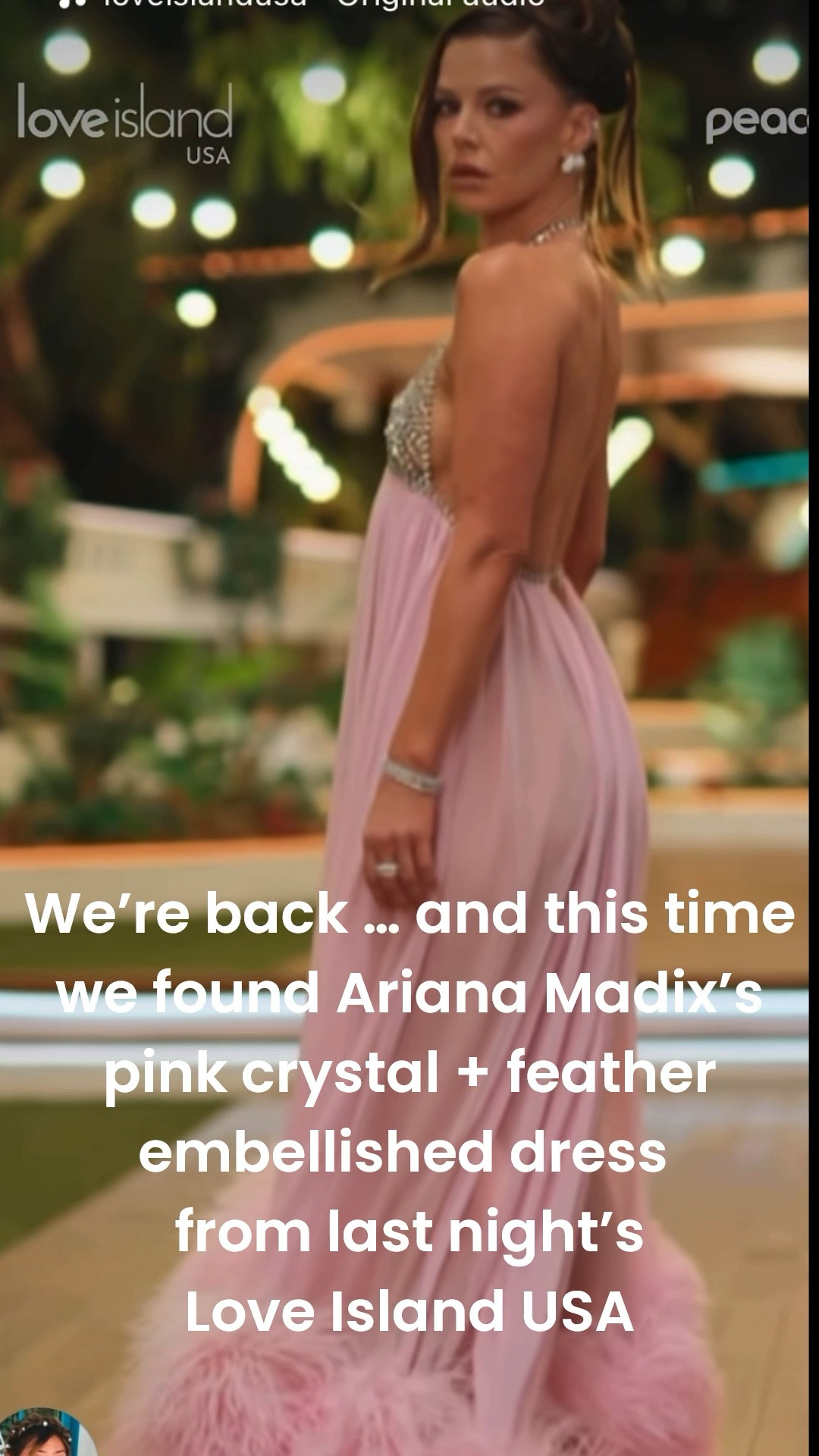 Get details on Ariana Madix’s pink crystal and feather gown on Love Island Season 8 Episode 5 / video: @loveislandusa / styled by: @emilymen