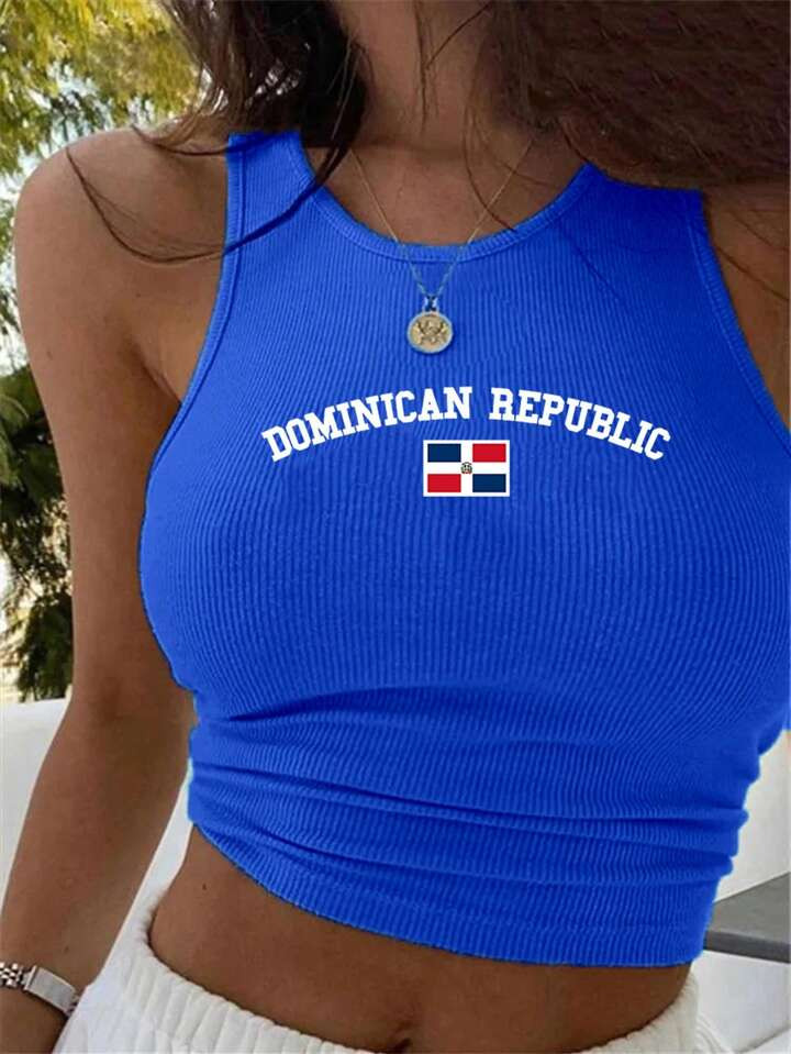 Flirla Women's Y2K Dominican Republic Flag Cropped Tank Top, Summer Graphic Tees Women Tops | SHEIN