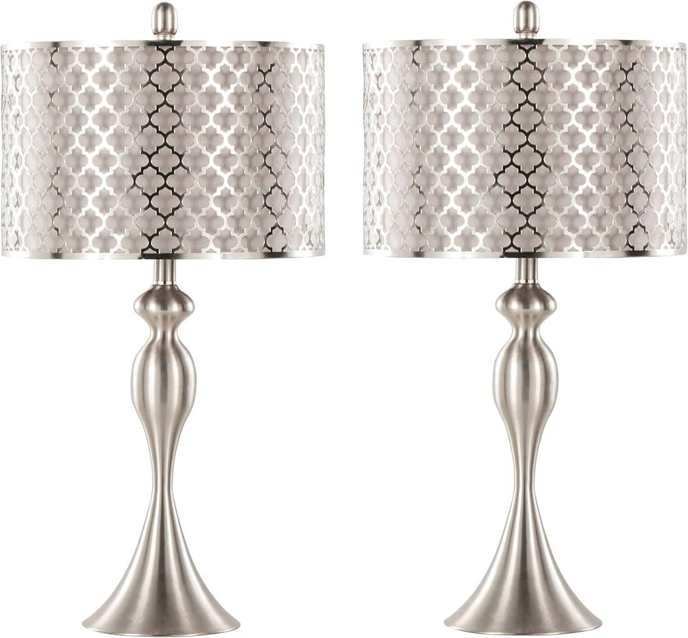 Grandview Gallery Ashland 27" Contemporary Metal Table Lamp in Brushed Nickel with Grey Textured Linen and Brushed Nickel Laser Cut Shade - Set of 2 | Amazon (US)