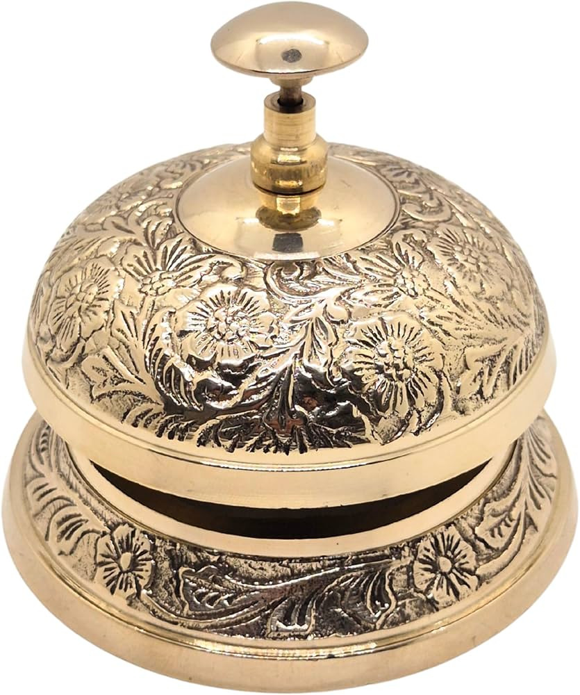 Desk Bell Brass Vintage Floral Embossed Solid Brass Call Bell for Office Hotel and Counter Décor Antique Reception Bell with Traditional Artwork Loud Ring Service and Decorative Ornate Design | Amazon (US)