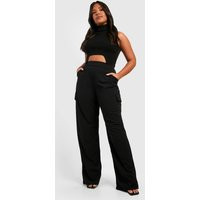 boohoo Women's Plus Wide Leg Cargo Trousers in Black | Size: 16 | Woven | boohoo (US & Canada)