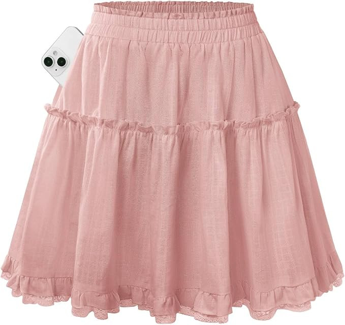 Kate Kasin Women Cotton Mini Skirt with Shorts Underneath, Ruffle Skorts with Pockets | Amazon (US)