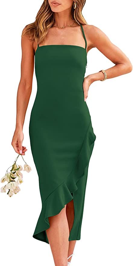 ANRABESS Womens Sexy Square Neck Spaghetti Strap Party Dress Bodycon Split Ruffled Hem Midi Dress... | Amazon (US)