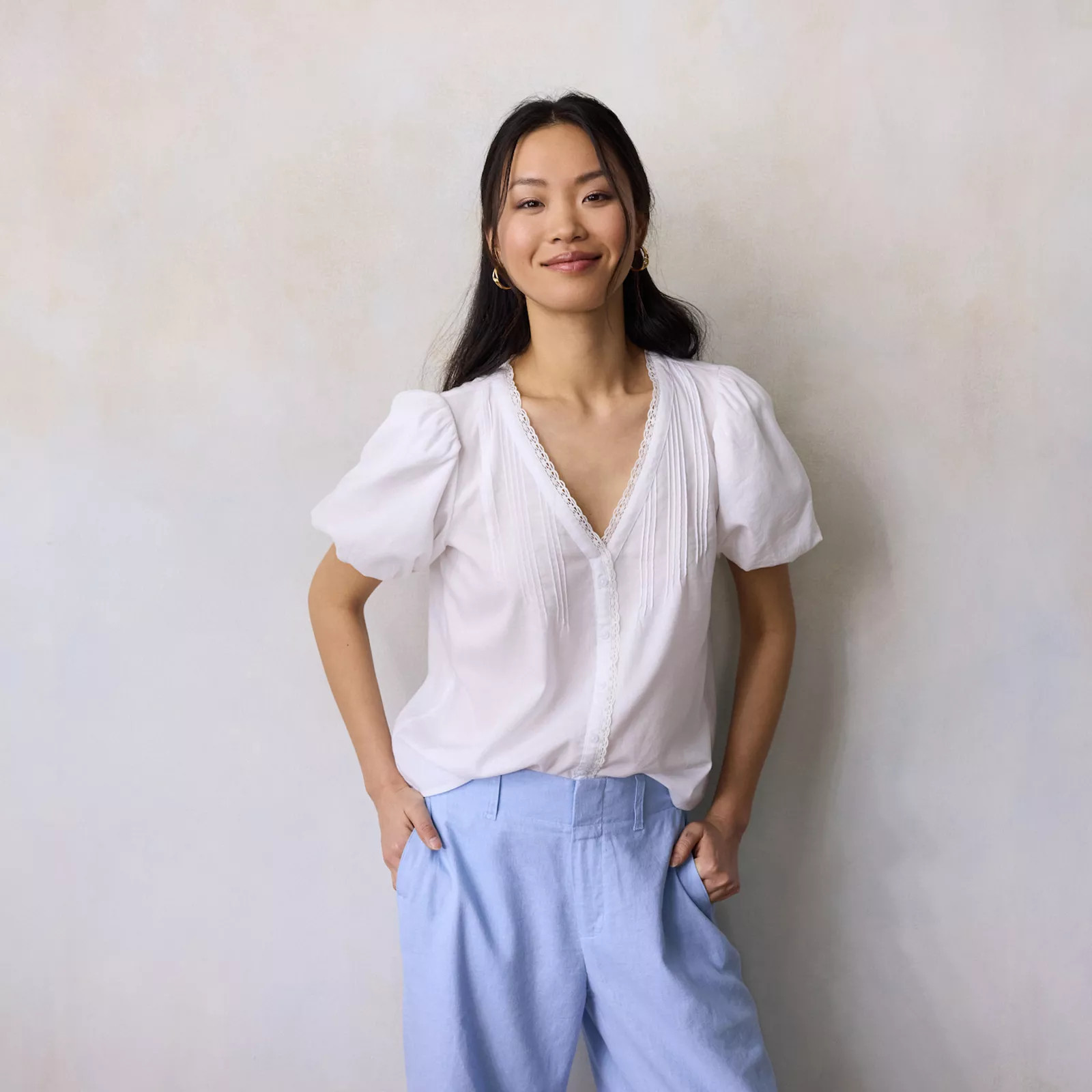 Women's LC Lauren Conrad V-Neck Button Front Blouse, Size: XS, Grey White | Kohl's