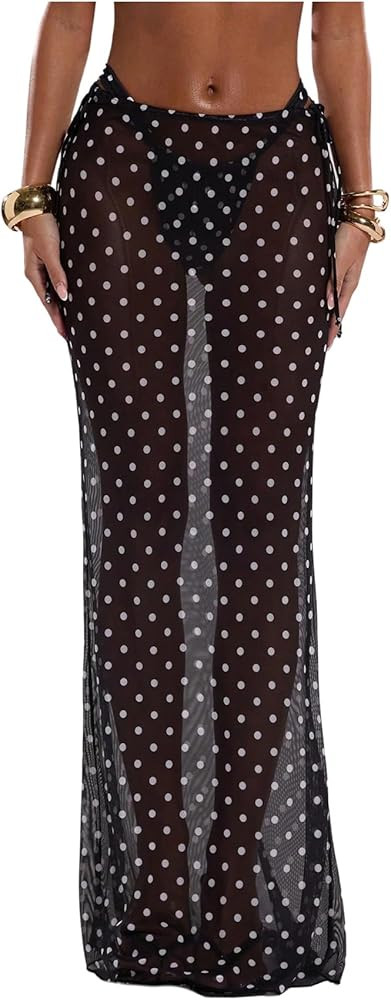Milumia Women's Polka Dots Mesh Long Skirt Drawstring Side See Through Sheer Swimwear Cover Ups | Amazon (US)