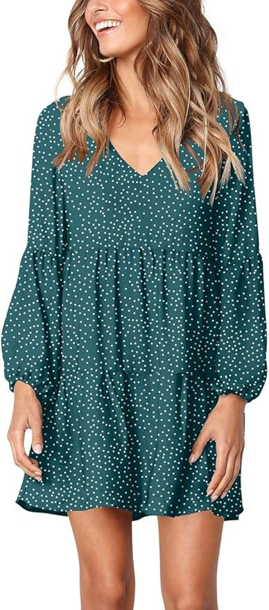 Cosonsen Womens Printed Swing Shift Dress Long Sleeve V Neck Tunic Dress | Amazon (US)