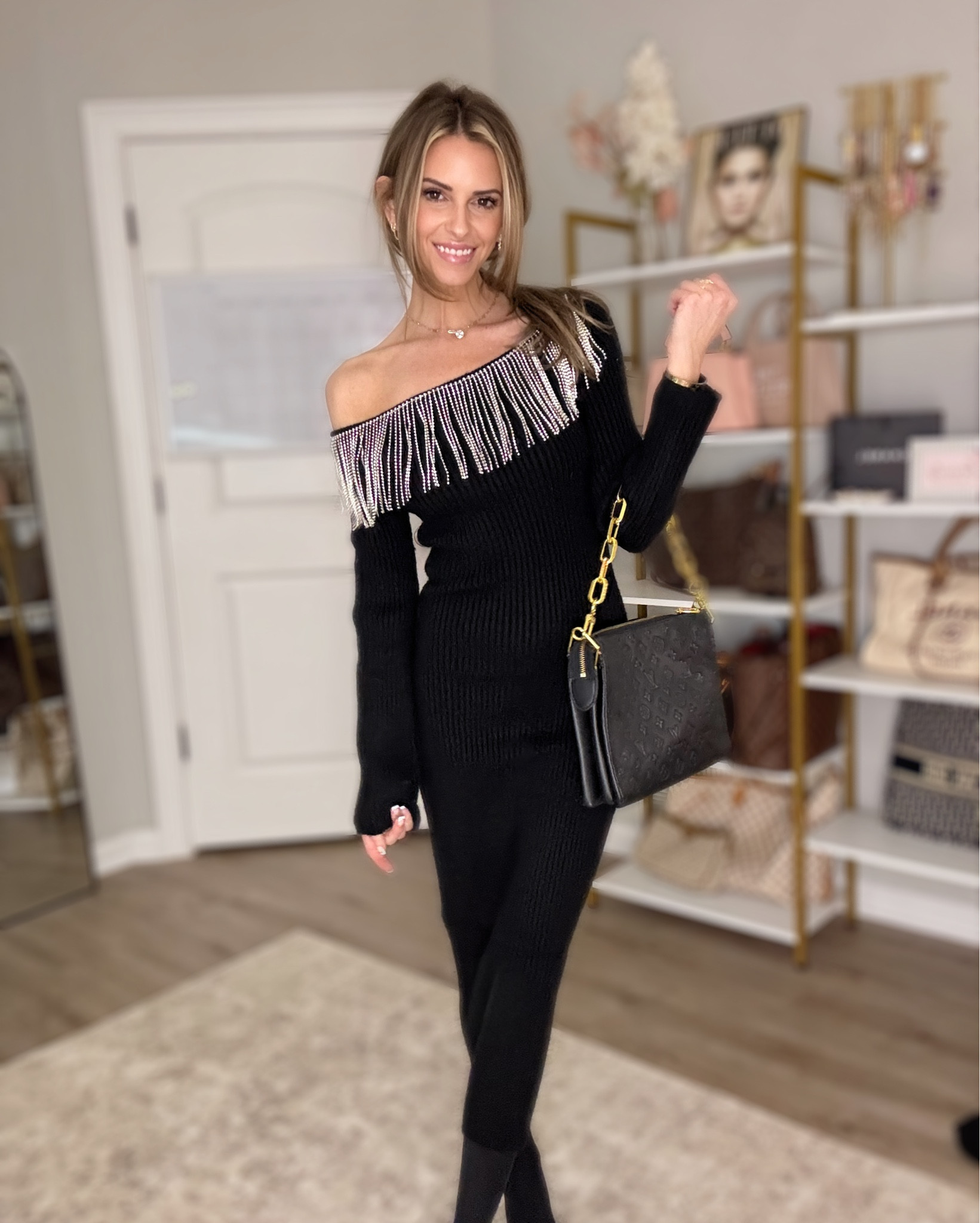 Beautiful black crystal fringe sweater dress from Vici. Wearing a size XS. Heel mules are also from Vici in size 6. Fit is true to size 

#LTKSaleAlert #LTKSeasonal #LTKGiftGuide