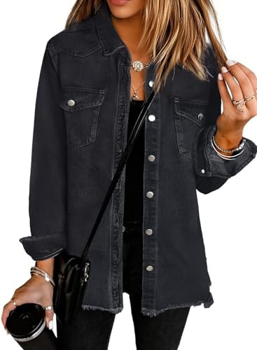 UEAL Womens Spring Summer Outfits Denim Shirt Jean Jacket Shackets for Women 2025 XX-Large Black | Amazon (US)