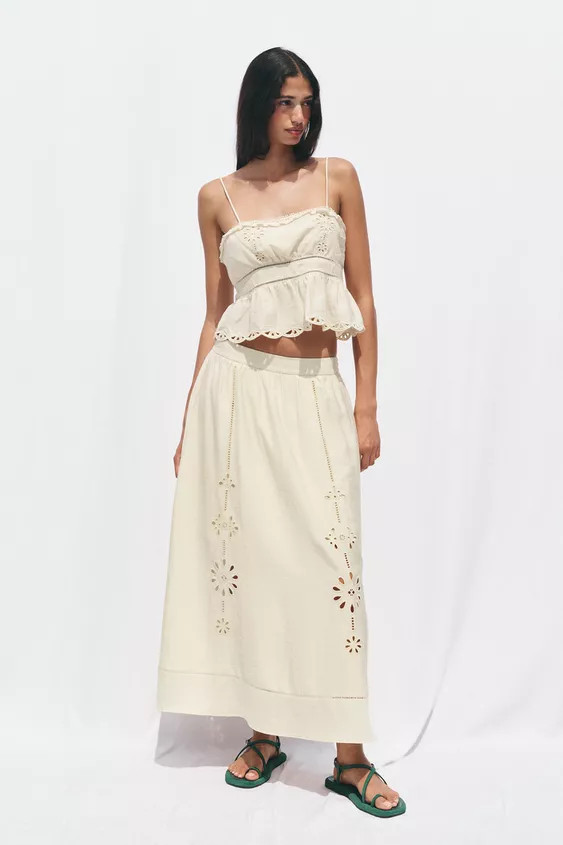 EMBROIDERED EYELET MIDI SKIRT | Zara US