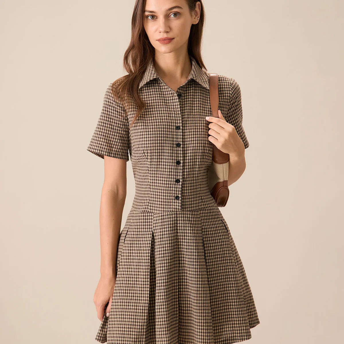 Women's Brown Plaid Lapel Pleated Mini Dress & Reviews - Brown - Dresses | RIHOAS | rihoas.com