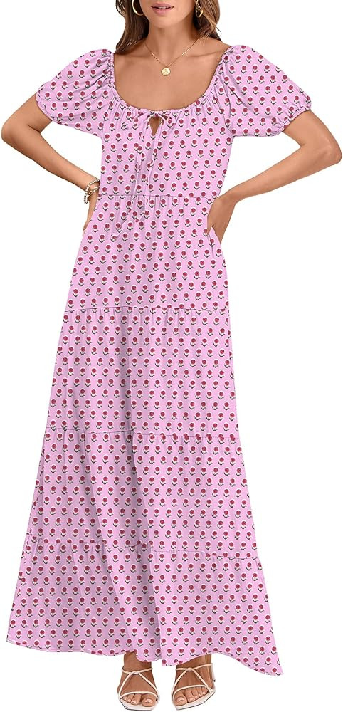 ANRABESS Women Boho Maxi Dresses Summer Casual Floral Flowy V Neck Puff Sleeve Tie Front Backless... | Amazon (US)