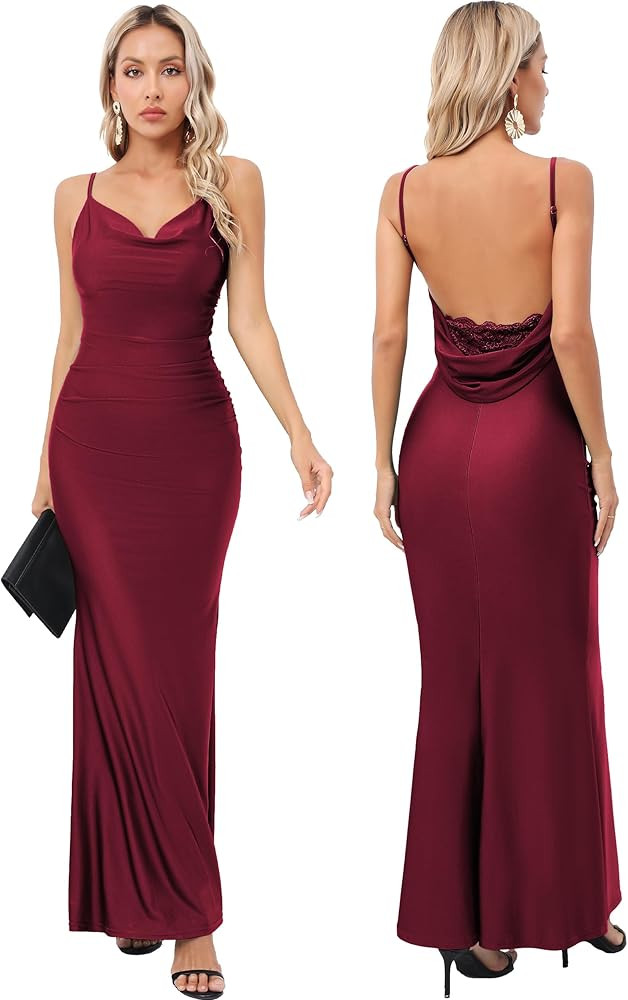 Capuffy Women Drape Neck Formal Maxi Dresses Lace Backless Cocktail Party Dress Spaghetti Straps ... | Amazon (US)