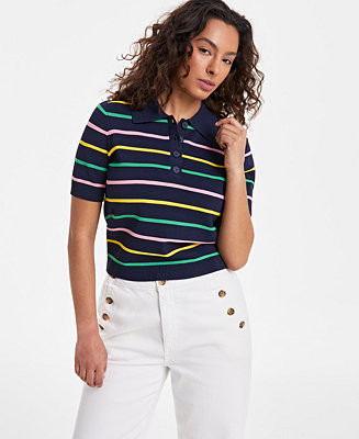 Women's Striped Short Sleeve Polo Sweater | Macy's