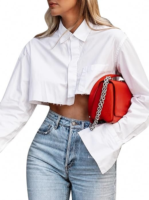 Women's Cropped Button Down Shirts Collared Long Sleeve Crop Blouse | Amazon (US)