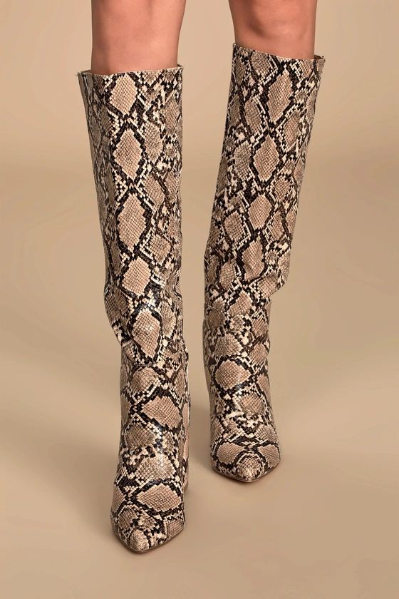 Katari Tan Snake Pointed-Toe Knee High Boots | Lulus (US)