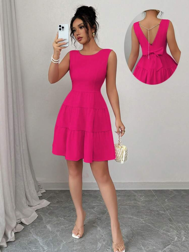 Elenzga Women Plain Round Neck Sleeveless Backside Bow Design Short Dress | SHEIN