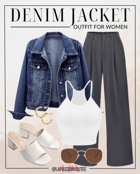 Embrace casual elegance: Pair your denim jacket with chic wide-leg pants and a sleek camisole for a timeless look that exudes sophistication. Add flair with hoop earrings and stylish sunglasses, then complete the ensemble with chunky heeled slide sandals for a touch of modern edge. Effortlessly stylish, always on point!

#LTKfindsunder100 #LTKSeasonal #LTKstyletip