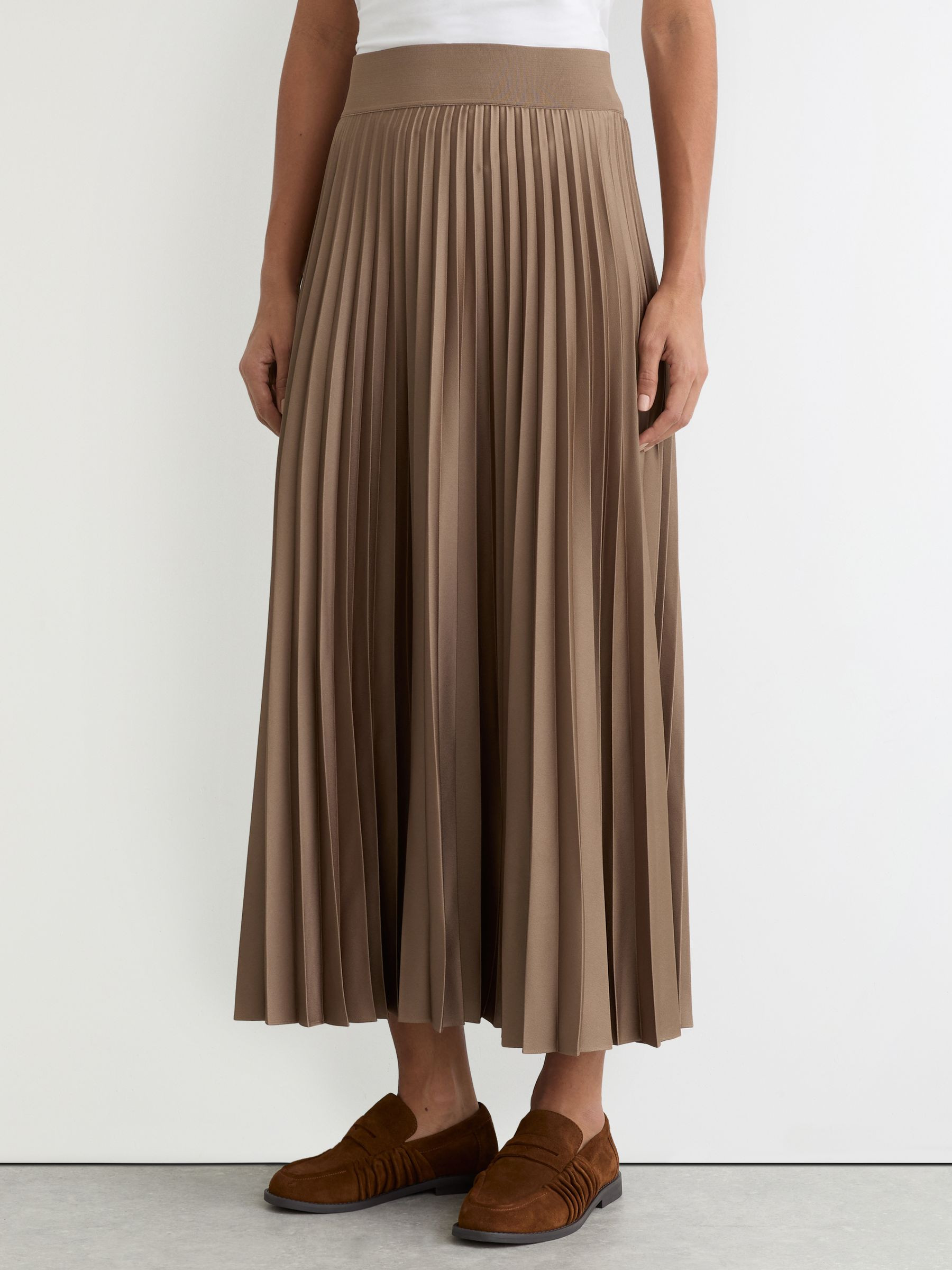 Reiss Pleated Midi Skirt in Mocha Brown | REISS | Reiss US