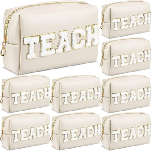 9 Pcs Teacher Appreciation Gifts Bulk, Teach Chenille Letter Makeup Pouch Bag, PU Leather Preppy Zipper Cosmetic Bag, Travel Graduation Retirement Teacher Gifts for Women(Beige, Teach) | Amazon (US)